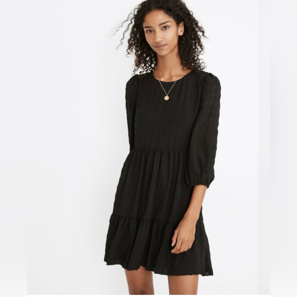 Madewell Petite Puff-Sleeve Ruffle-Hem Mini Chiffon Dress Black 4P